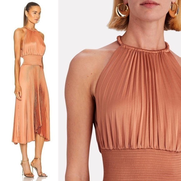 ALC Copper Satin Pleated Sleeveless Halter Smocked Waist Asymmetrical Hem Gown 2 - Picture 8 of 16